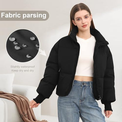 SXGYH Women’s Winter Cropped Puffer Jacket Coat Casual Quilted Baggy Long Sleeve Zip Down Jackets Outerwear - color: Black, size: Large