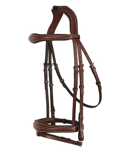 English Horse Bridle with Anatomic Crank Noseband & Detachable Flash | Vegetable Tanned Leather Jumping Bridle, Ergonomic Pressure Relief Crownpiece | Reins Included | Black, Brown - color: Oak Brown, size: Cob/Medium Size