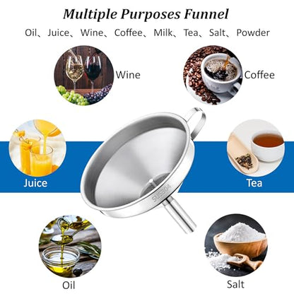 Kitchen Funnel with Strainer and 200 Fine Mesh Filter, 5 Inch Food Grade 18/8 Stainless Steel Fryer Oil Filter Funnel, Funnels for Kitchen use Filling Bottles, Cooking Oil Filter Strainer