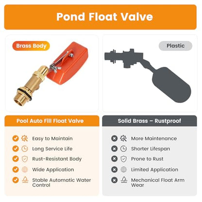 2 Pack Brass Float Valve 1/2 Inch, Auto Fill and Shut off, No Leakage | Water Float Ball Valve with Adjustable Arm, Pool Fill Float Valve for Water Trough,Fountains,Water Tank,Ponds,Aquariums - color: 1/2 in Orange