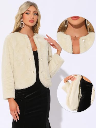 Allegra K Winter Faux Fur Coat Jacket for Women Long Sleeve Pockets Pearl Button Fluffy Cropped Cardigan Outerwear - color: Beige, size: Medium