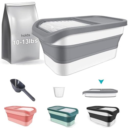 Pet Food Storage Containers, Collapsible Cat Food Container with Transparent Sliding Lid,10-13 lb Plastic Dog Food Bin with Measuring Cup and Dog Food Scoop - color: small gray
