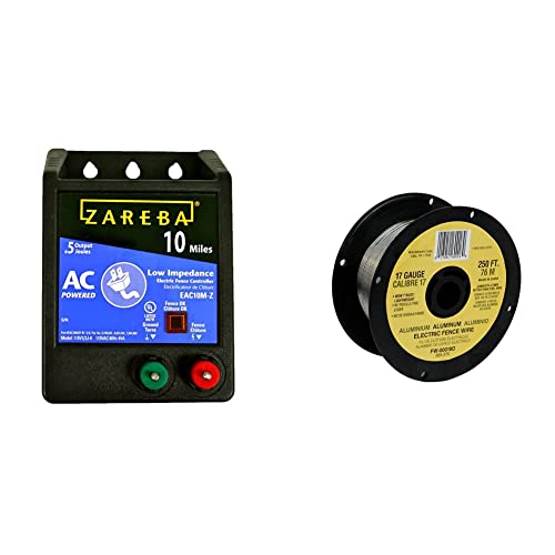 Zareba EAC10MZ 10 Miles AC Low Impedance Electric Fence Charger; Powers Up to 10 Miles of Fence; & Fi-Shock FW-00018D 250-Feet 17 Gauge Spool Aluminum Wire