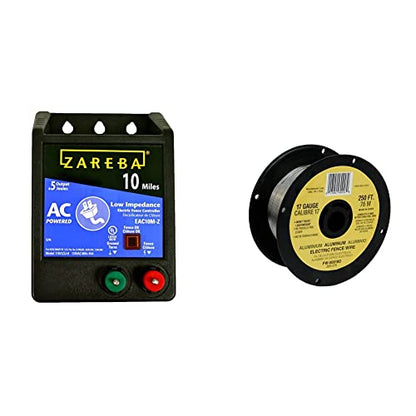 Zareba EAC10MZ 10 Miles AC Low Impedance Electric Fence Charger; Powers Up to 10 Miles of Fence; & Fi-Shock FW-00018D 250-Feet 17 Gauge Spool Aluminum Wire