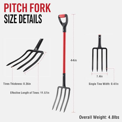 Heavy Duty Garden Fork, 4-Tine Digging Fork with Ergonomic Fiberglass Handle, Pitch Fork, 44 Inch Spading Fork for Compost, Mulch, Hay & Soil