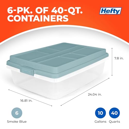 Hefty Hi-Rise Storage Bin with Lid, 40 Quart, Smoke Blue, 6 Pack | Stackable Plastic Container Tote for Home, Office, and Classroom Organization - size: 40 Qt - 6 Pack