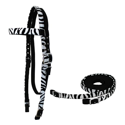 Tahoe Tack Zebra Print Overlay Nylon Western Browband Headstall with Matching Reins (White Zebra)