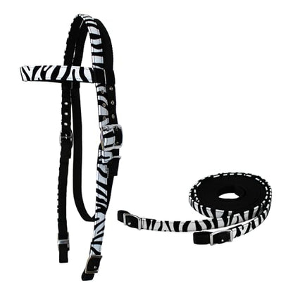 Tahoe Tack Zebra Print Overlay Nylon Western Browband Headstall with Matching Reins (White Zebra)