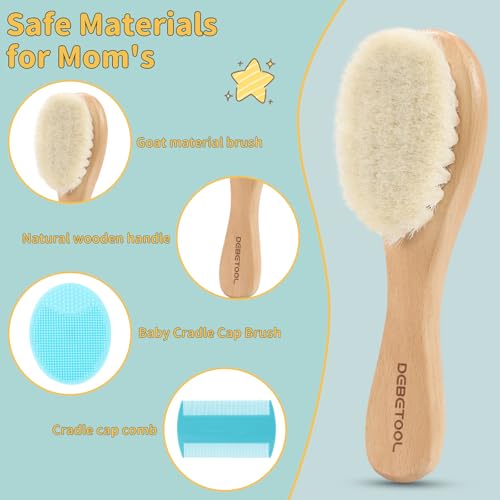 DEBETOOL 3-Piece Cradle Cap Brush Set with Comb & Baby Hair Brush | Natural Wooden Baby Brush Kit for Newborn & Infant Gentle Scalp Care