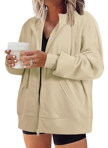 Eytino Women Plus Size Zip Up Hoodie Long Sleeve Oversized Sweatshirts - color: Apricot, size: 3X