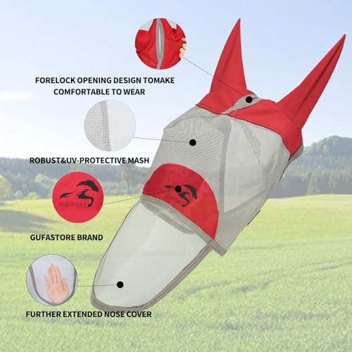 Horse Fly Mask with Long Nose and Ears,Red,Small Size