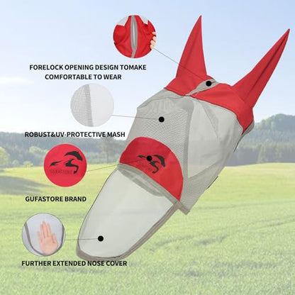 Horse Fly Mask with Long Nose and Ears,Red,Small Size