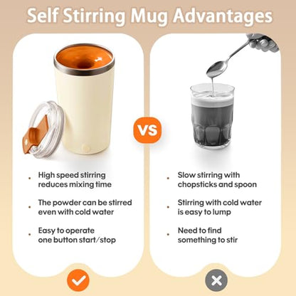 Self Stirring Mug with Lid, 13.5oz Magnetic Stirring Coffee Cup, Rechargeable 316 Stainless Steel, Auto-Mixing for Coffee, Milk, Protein Powder（Beige） - color: Beige