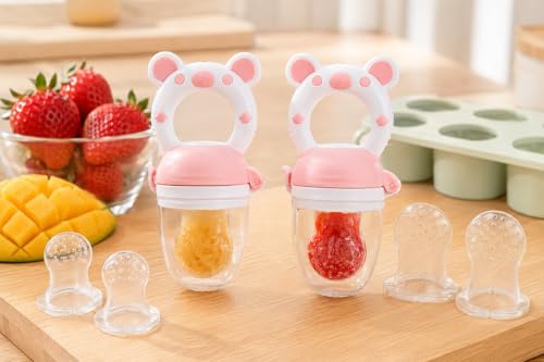 JOCHEBED Baby Fruit Food Feeder Pacifier, Silicone Teething Relief Toy, 2-Pack with 6 BPA-Free Pouches, Light Pink, 3-24 Months - color: Light Pink