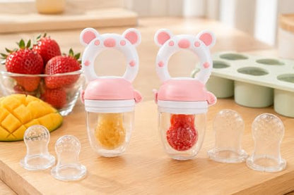 JOCHEBED Baby Fruit Food Feeder Pacifier, Silicone Teething Relief Toy, 2-Pack with 6 BPA-Free Pouches, Light Pink, 3-24 Months - color: Light Pink