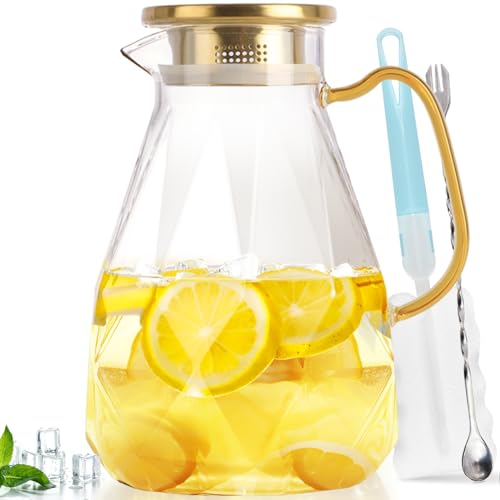 Glass Pitcher, 2.4Liter Water Pitcher With Lid | Iced Tea Pitcher for Fridge, Glass Water Carafe With Lid, Glass Water Jug, Large Drink Pitcher For Juice, Milk, Cold Or Hot - size: 2.4 liters