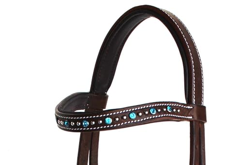 Horse Western Leather Beaded Bitless Sidepull Bridle Reins Rhinestone - color: Brown/Turquoise