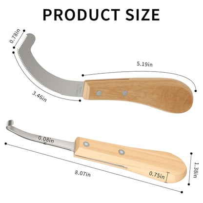 Double Edged Hoof Knife and Bot Egg Knife Set, Stainless Steel Blade with Ergonomic Wooden Handles Professional Equine Care Tools for Horses, Cattle, Goats, and Farm Livestock