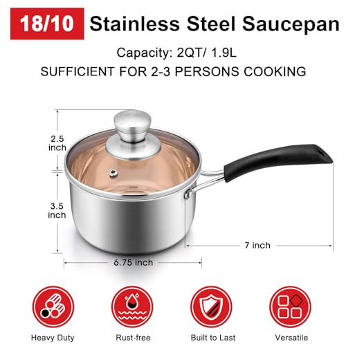 2QT Saucepan with Lid, Joyfair 18/10 Stainless Steel Small Sauce Pan Pot | Kitchen Cookware Milk Pot with Glass Lid for Cooking Stewing Boiling Spaghetti Soup, Heat-proof Handle, Dishwasher Safe - size: 2 Quarts