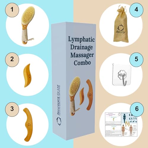 Dry Brushing Body Brush for Lymphatic Drainage with Wood Massage Tool | Vegan Dry Brush with Contoured Non-Slip Handle, Maderoterapia Gua Sha Kit for Anti-Cellulite, Body Sculpting & Sensitive Skin