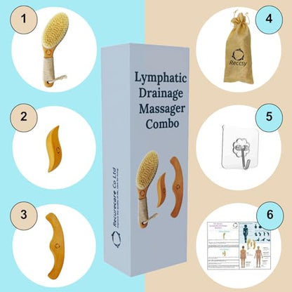 Dry Brushing Body Brush for Lymphatic Drainage with Wood Massage Tool | Vegan Dry Brush with Contoured Non-Slip Handle, Maderoterapia Gua Sha Kit for Anti-Cellulite, Body Sculpting & Sensitive Skin