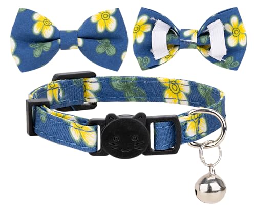 Collar for Cat Pet Breakaway with Bell Bowtie Detachable Bow Adjustable Safety Kitten Puppy Girl Boy 2pcs Flower-Blue & Yellow - color: Flower-Blue & Yellow