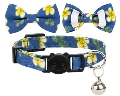 Collar for Cat Pet Breakaway with Bell Bowtie Detachable Bow Adjustable Safety Kitten Puppy Girl Boy 2pcs Flower-Blue & Yellow - color: Flower-Blue & Yellow
