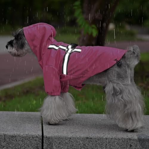 PUPTECK Dog Raincoat with Hood & Harness Built-in, Waterproof Dog Rain Jacket Slicker Poncho Reflective Vest Clothes for Rainy Snowy Winter Cold Days, Fuschia S - color: Fuschia, size: S (Back 13.2", Chest 18.5", Neck 13.9")