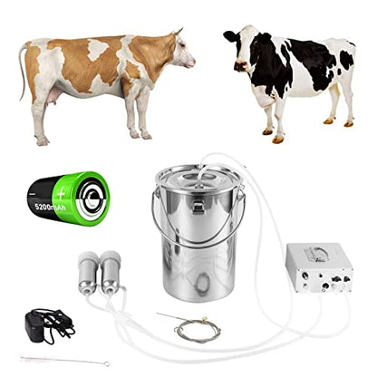 7L Cow Electric Milking Machine, Automatic Rechargeable Battery Powered Pulsation Vacuum Pump with 2 Teat Cups Stainless Steel Bucket for Goat(Battery Model)