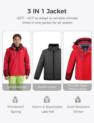 wantdo Boys' 3-in-1 Ski Jacket Fleece-Lined Winter Coat Hooded Raincoat - color: Red, size: 8
