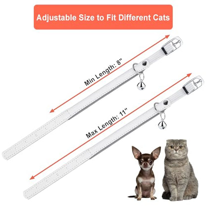 OOPSDOGGY Rolled Leather Cat Collar with Bell, Reflective Kitten Collars with Buckle Include Safety Elastic Strap - Adjustable Small Pet Collars for Boy Girl Cats (White) - color: White