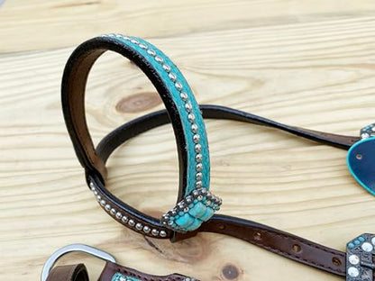 Western Leather Headstall & Breast Collar Set for Horses - Valentine’s Day Silver Metallic Cowhide with Rhinestones - color: Turquoise