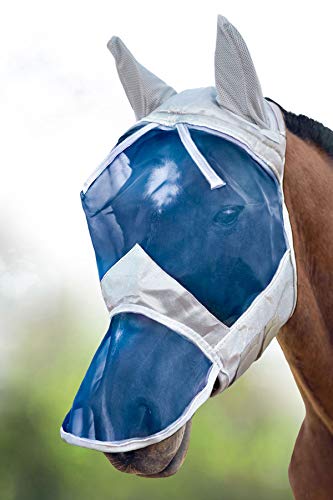 Harrison Howard CareMaster Ergonomically Designed Thick Fleece Padding Fly Mask Full Face Silver/Blue Retro (M; Cob) - color: Silver/Blue, size: Cob (Medium)