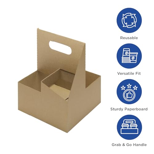 Karat Paperboard Drink Carrier with Handle [200ct] - Sturdy Kraft Coffee Cup Carrier for Hot/Cold Beverages, Fits 12-32 oz Cups - Eco-Friendly, Disposable To-Go Drink Holder (4-Cup) - size: 4-Cup