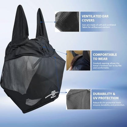 Harrison Howard UV-Proof Multi-Function Fabrics Thick Fleece Padding Horse Fly Mask Half Face with Ears Black Arabian Medium - color: black, size: Medium (Arabian)