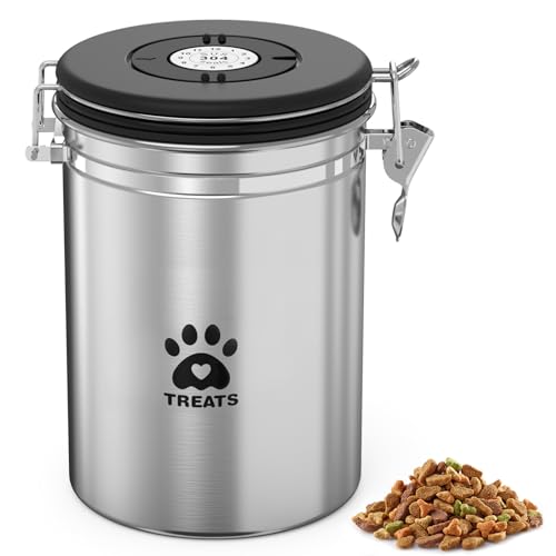 ENONCI Airtight Dog Treat Canister, 304 Stainless Steel Food Storage Jar with Date Dial Silver-2.8L - color: Silver, size: 2.8l