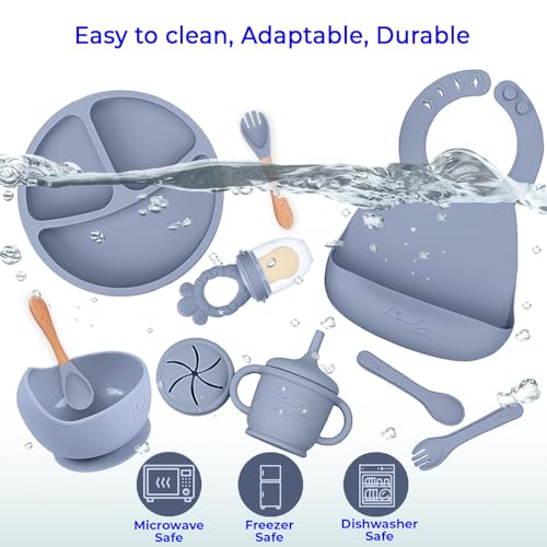 Silicone Baby Feeding Set, Suction Plates Bowls Bibs for Self Feeding –Gray | Baby Plates, Silicone Feeding Set, BPA-Free Toddler Bowls, Baby Spoons Forks, Empower Independence, Easy Clean - color: Gray