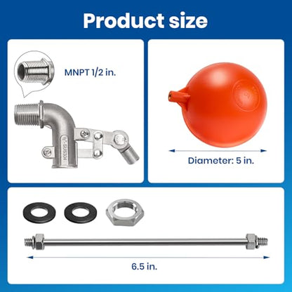 1/2" Stainless Steel Float Valve for Water Tank with 5" Float Ball - size: 1/2inch