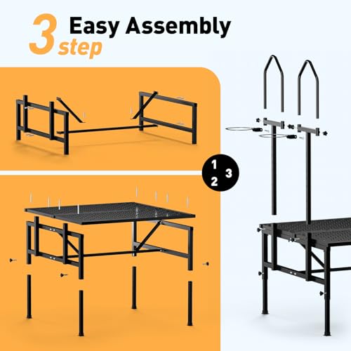 Goat Milking Stand,1000LBS Metal Goat Stand with Feed Bin,Headpiece, Livestock Trimming Stand with Adjustable Height 15.7" to 25.6", Dual-Table Design Sheep Stand for Goats and Lambs, Black