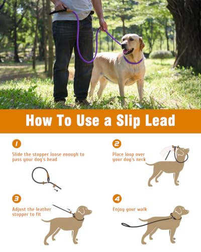 Dog Leash Slip Lead Braided Rope Pet Training Loop Leashes 5ft 6ft 8ft | Lynxking Strong Heavy Duty 1/2" 3/8", Durable Padded Handle No Pull Basic Training Nylon Lead,Small Medium Large Dogs Puppy - color: Purple