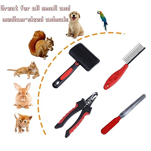 Rabbit Professional Nail Clippers Grooming Kit with Pet Shedding Slicker Brush, Pet Grooming Comb, Nail Clipper Trimmer for Rabbit, Puppy, Kitten, Guinea Pig, Hamster, Ferret (4PCS)