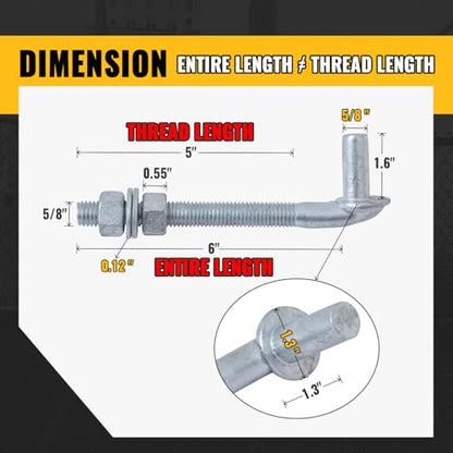 VIVIDA 5/8" X 6" J Bolt Gate Hinge, Heavy Duty Gate Hinge Bolt, 2-Pack | Galvanized Gate Bolt Post Hinge, Chain Link Fence Gate Hardware, Nuts & Washers Included - size: 6" (2 PCS)