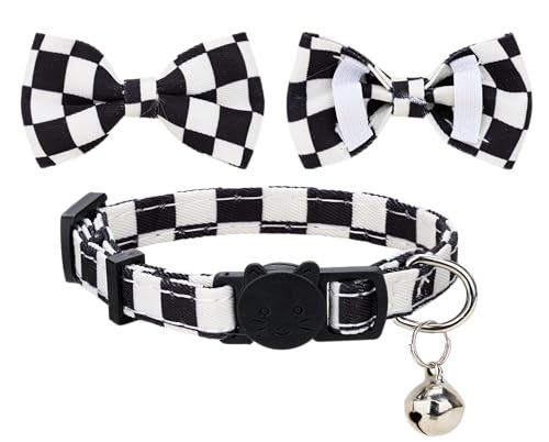 Collar for Cat Pet Breakaway with Bell Bowtie Detachable Bow Adjustable Safety Kitten Puppy Girl Boy 2pcs Plaid & Solid-Black - color: Plaid & Solid-Black