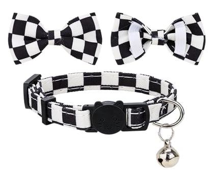 Collar for Cat Pet Breakaway with Bell Bowtie Detachable Bow Adjustable Safety Kitten Puppy Girl Boy 2pcs Plaid & Solid-Black - color: Plaid & Solid-Black