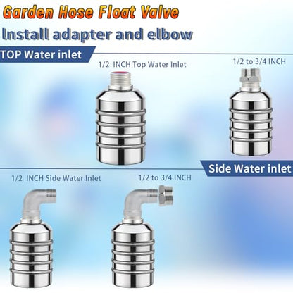 2-Pack NPT 1/2" Float Valve, Leak-Proof 304 Stainless Steel Automatic Water Level Control Float Valve with 1/2" 3/4" Premium 304 SS Connections for Water Trough Fish Tank Pool Livestock