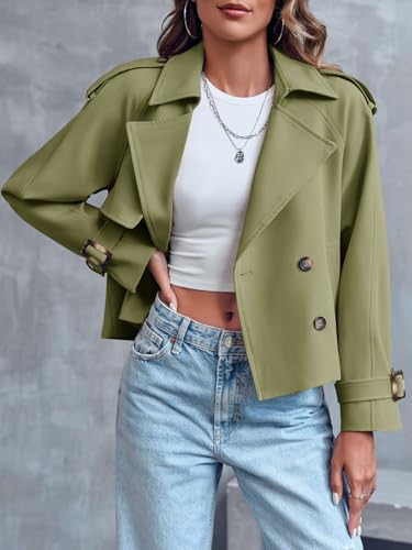 Saodimallsu Women Crop Double Breasted Trench Coat Short Cropped Jacket - color: Army Green, size: Medium