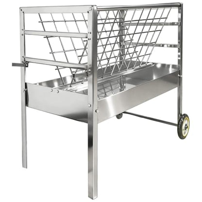 Rolling Hay Feeder with Grain Trough for Goats and Sheep 2 in 1 Freestanding Livestock Cart on Wheels Heavy Duty Galvanized Steel Construction Easy Move Across Pasture or Barn Floor