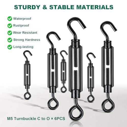 Black Small Turnbuckles for Cables Wire, M5 Hook and Eye Tensioner - size: 6 Pcs M5 x 4.7"