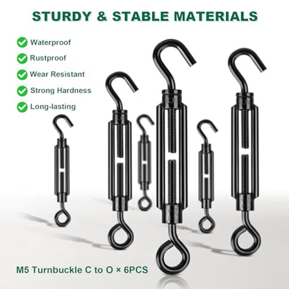 Black Small Turnbuckles for Cables Wire, M5 Hook and Eye Tensioner - size: 6 Pcs M5 x 4.7"