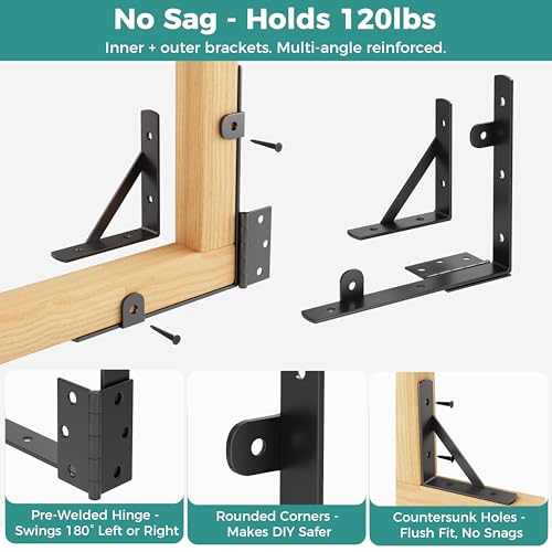 Wooden Gate Hardware Kit, Heavy Duty Anti Sag Outdoor Wood Corner Bracket | Self-lock gravity latch. Rust-proof powder-coated steel.Complete gate kit. For outside fence, garden, deck, porch, pool, farm